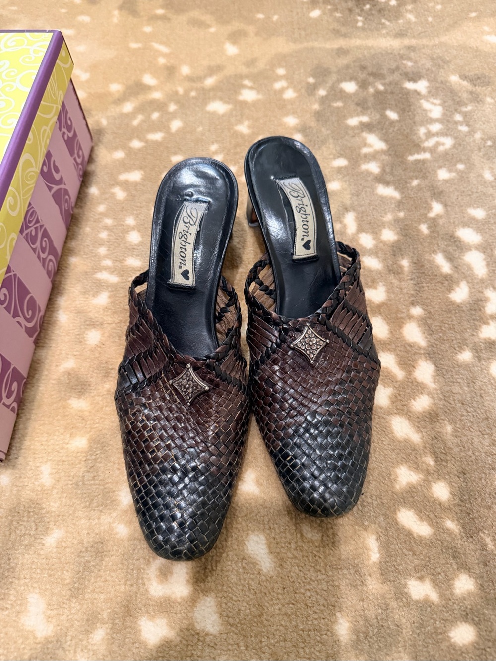 Brighton Woven Leather Slip-On Mules in Dark Brown